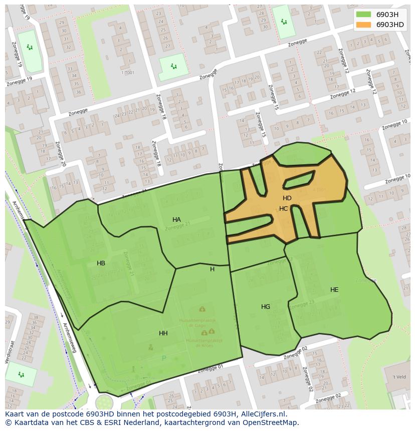 Afbeelding van het postcodegebied 6903 HD op de kaart.