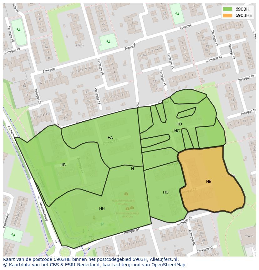 Afbeelding van het postcodegebied 6903 HE op de kaart.