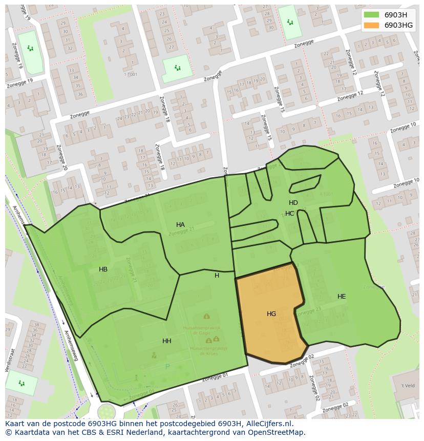 Afbeelding van het postcodegebied 6903 HG op de kaart.