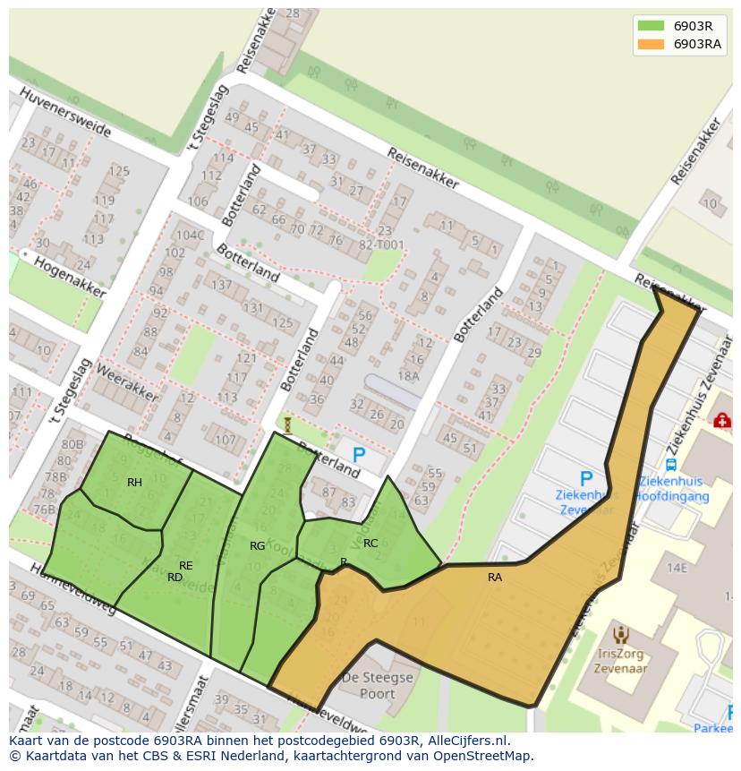 Afbeelding van het postcodegebied 6903 RA op de kaart.