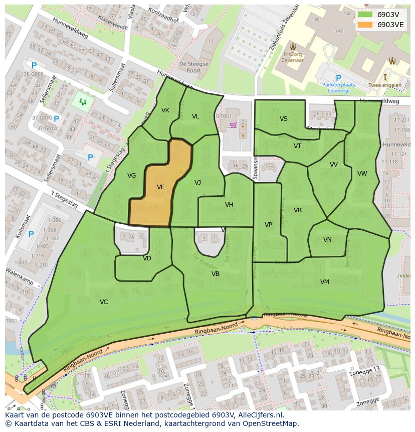 Afbeelding van het postcodegebied 6903 VE op de kaart.