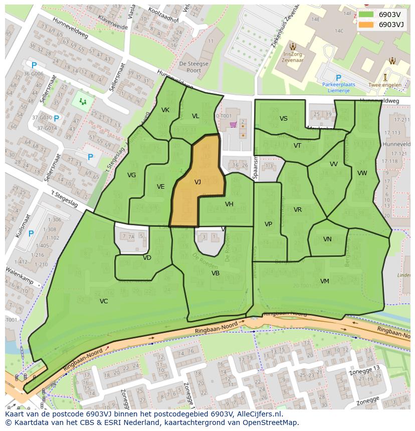 Afbeelding van het postcodegebied 6903 VJ op de kaart.