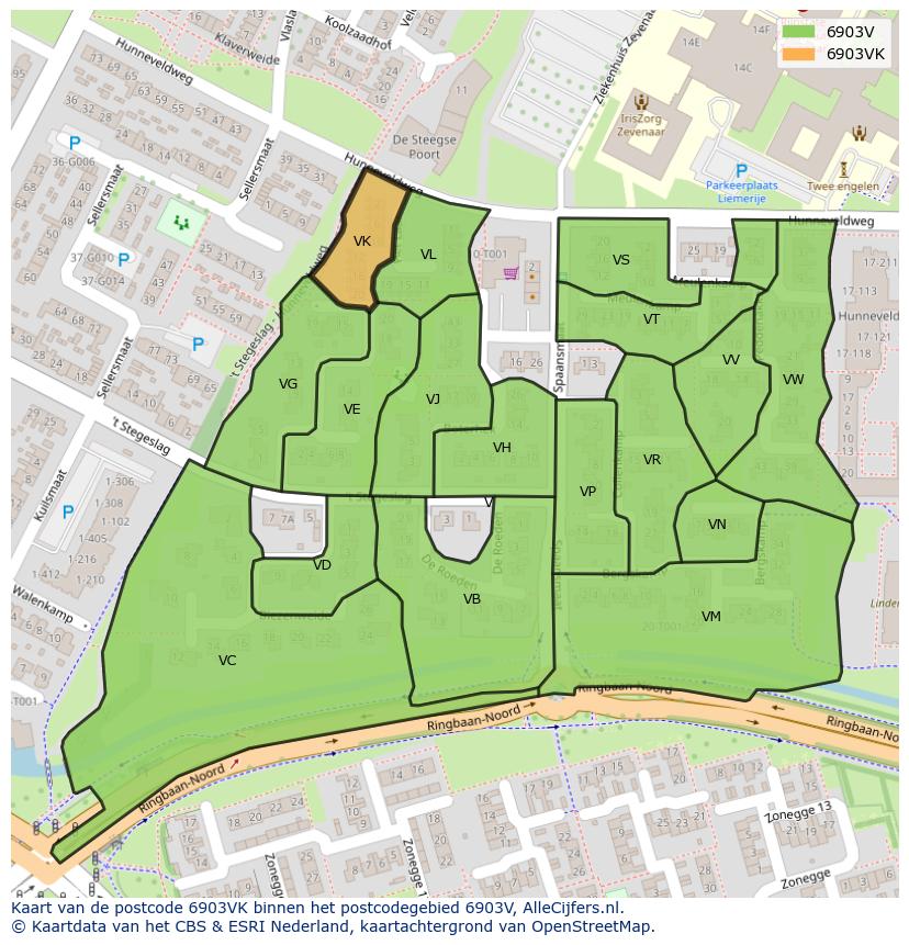 Afbeelding van het postcodegebied 6903 VK op de kaart.