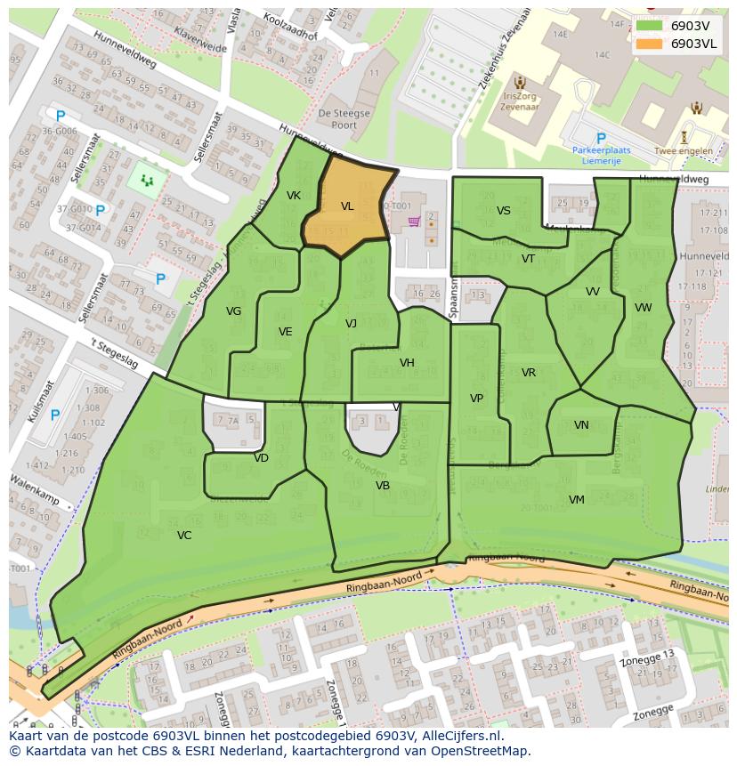 Afbeelding van het postcodegebied 6903 VL op de kaart.