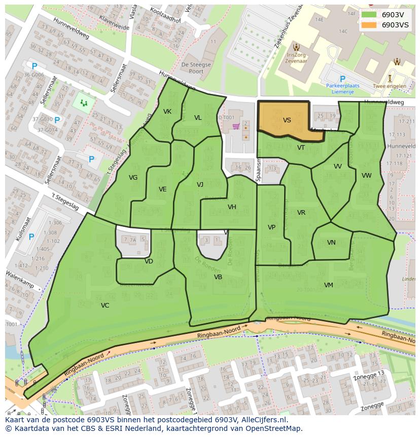 Afbeelding van het postcodegebied 6903 VS op de kaart.