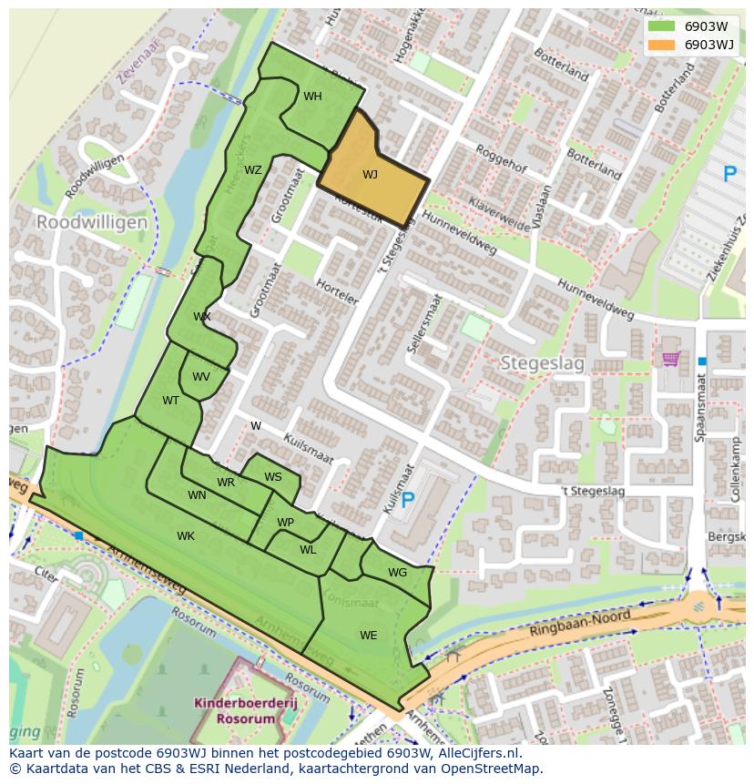 Afbeelding van het postcodegebied 6903 WJ op de kaart.
