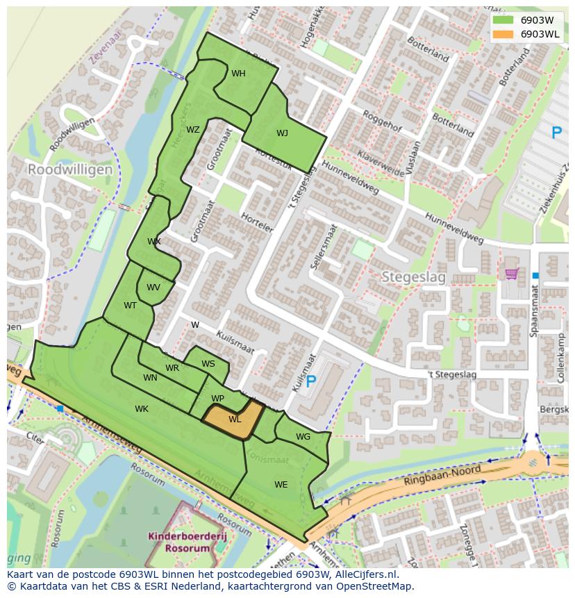 Afbeelding van het postcodegebied 6903 WL op de kaart.