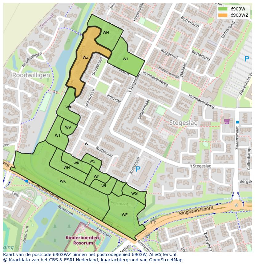 Afbeelding van het postcodegebied 6903 WZ op de kaart.