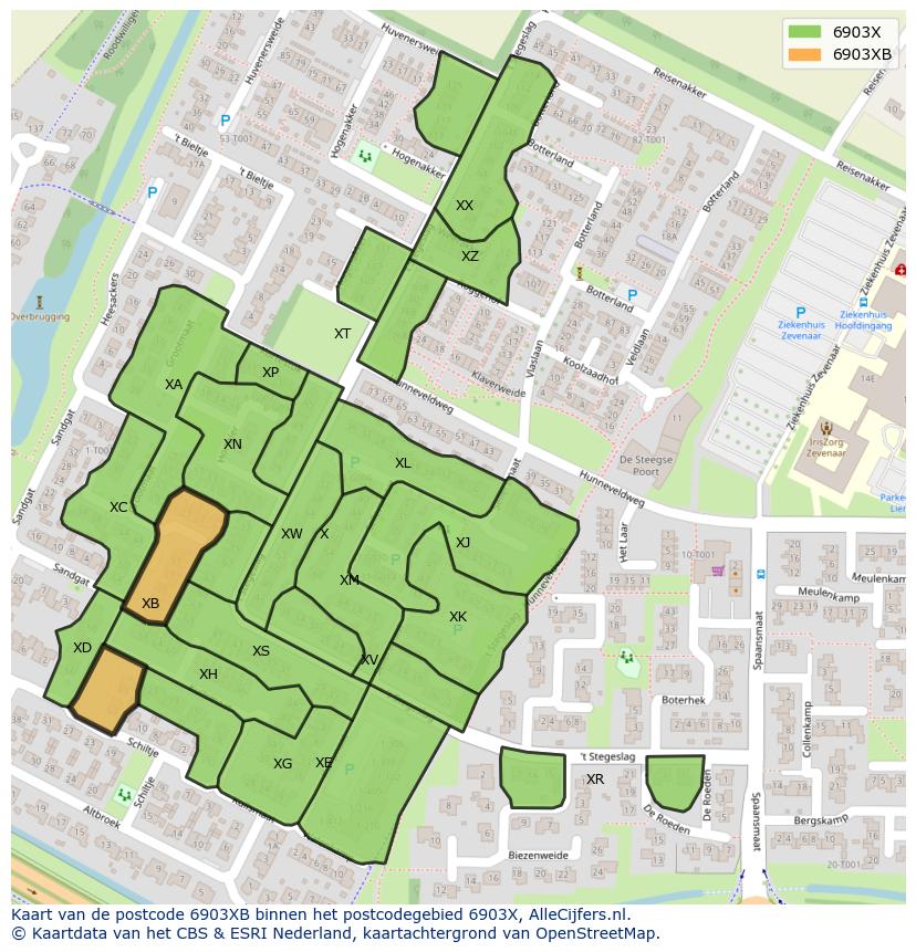 Afbeelding van het postcodegebied 6903 XB op de kaart.