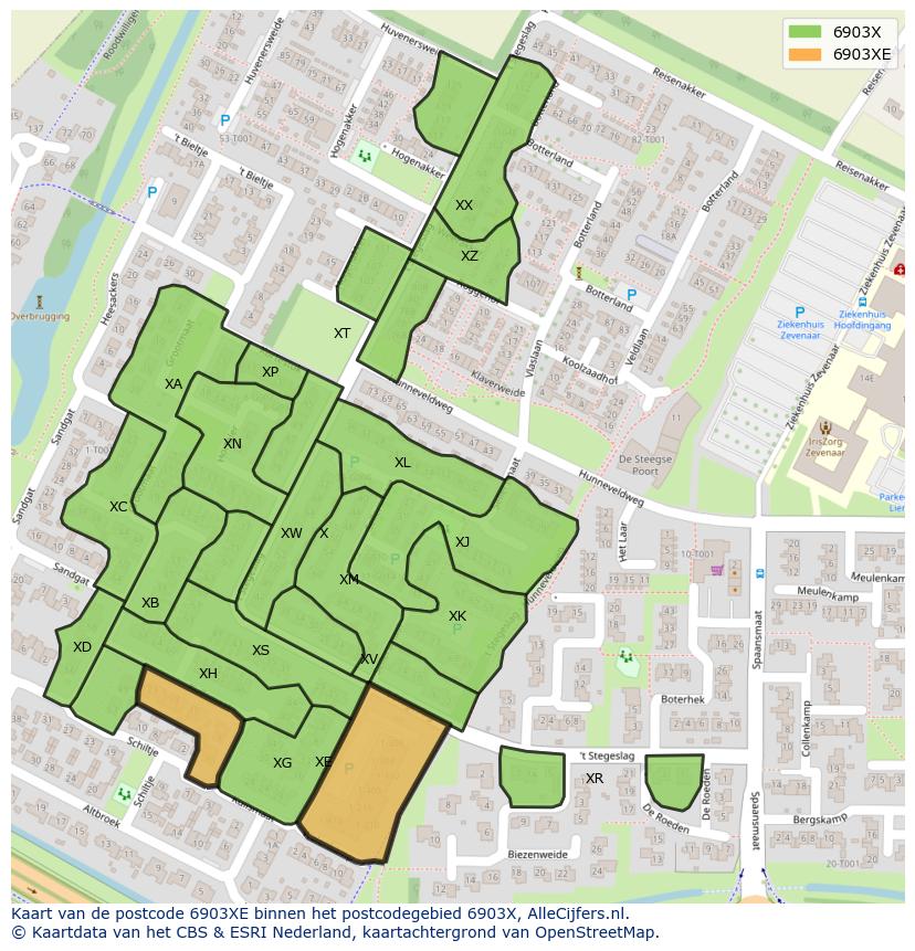 Afbeelding van het postcodegebied 6903 XE op de kaart.