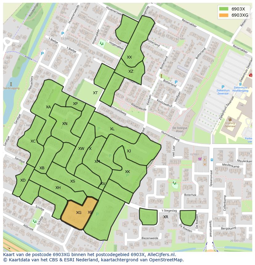 Afbeelding van het postcodegebied 6903 XG op de kaart.
