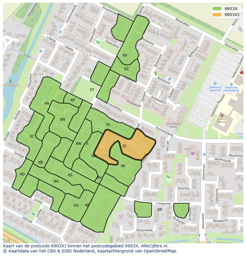 Afbeelding van het postcodegebied 6903 XJ op de kaart.