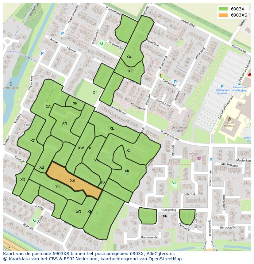 Afbeelding van het postcodegebied 6903 XS op de kaart.
