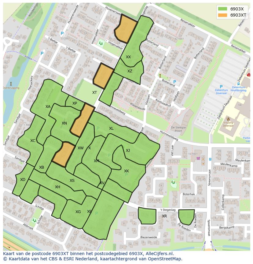Afbeelding van het postcodegebied 6903 XT op de kaart.