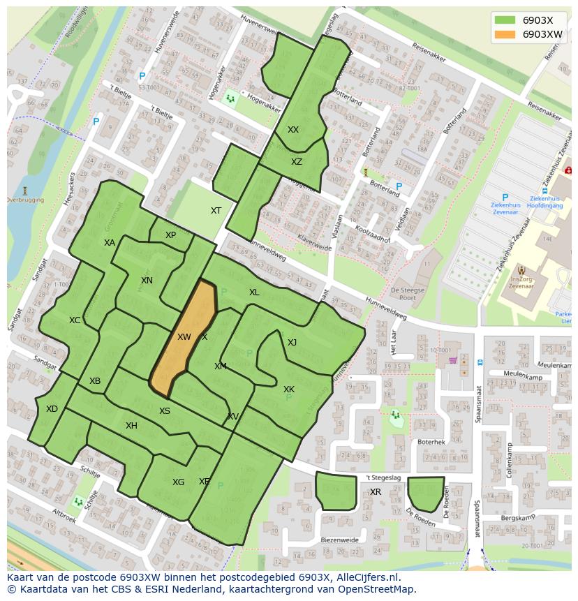 Afbeelding van het postcodegebied 6903 XW op de kaart.