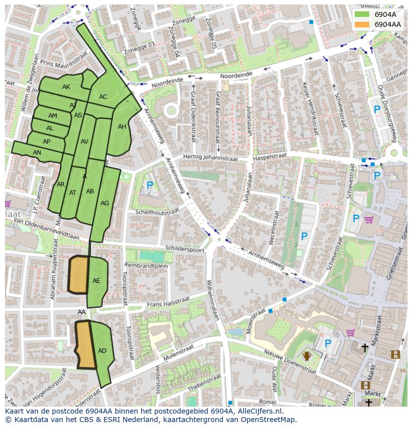 Afbeelding van het postcodegebied 6904 AA op de kaart.