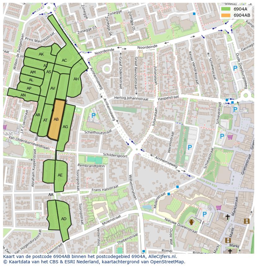 Afbeelding van het postcodegebied 6904 AB op de kaart.