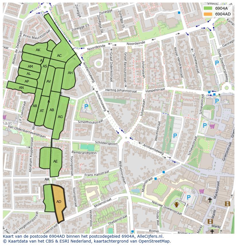 Afbeelding van het postcodegebied 6904 AD op de kaart.