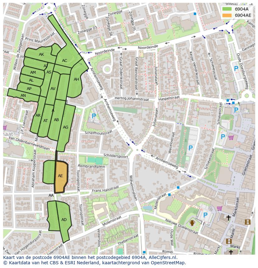 Afbeelding van het postcodegebied 6904 AE op de kaart.