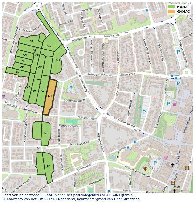 Afbeelding van het postcodegebied 6904 AG op de kaart.