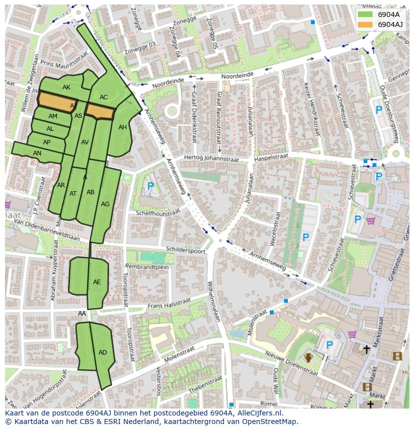 Afbeelding van het postcodegebied 6904 AJ op de kaart.