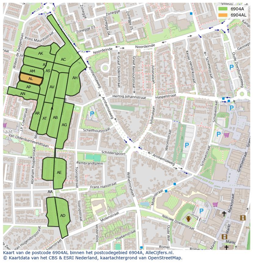 Afbeelding van het postcodegebied 6904 AL op de kaart.