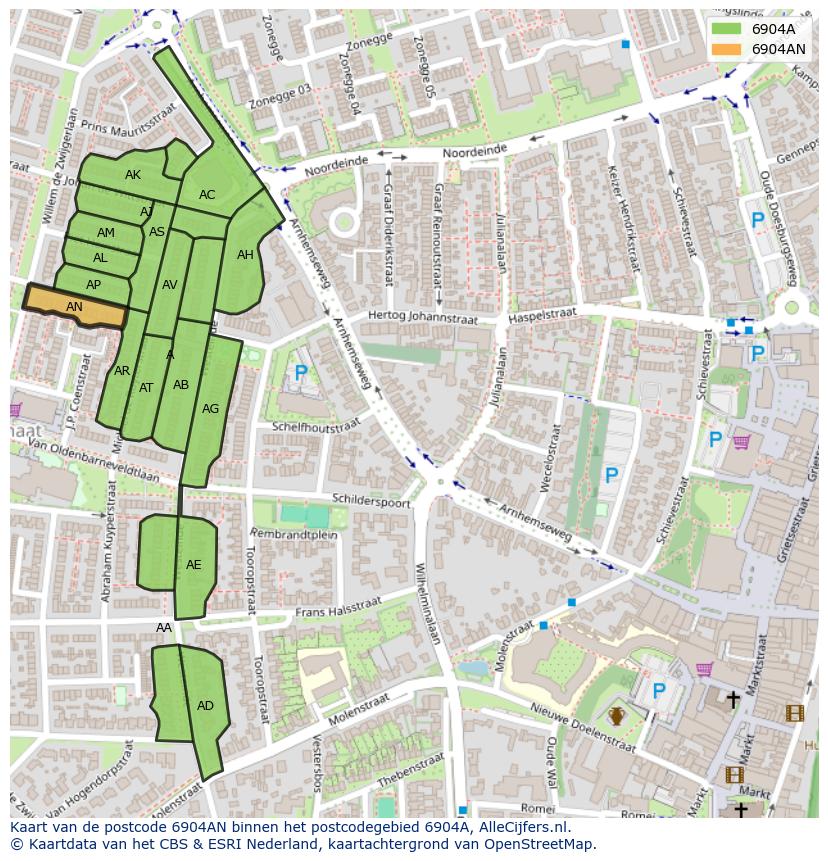 Afbeelding van het postcodegebied 6904 AN op de kaart.