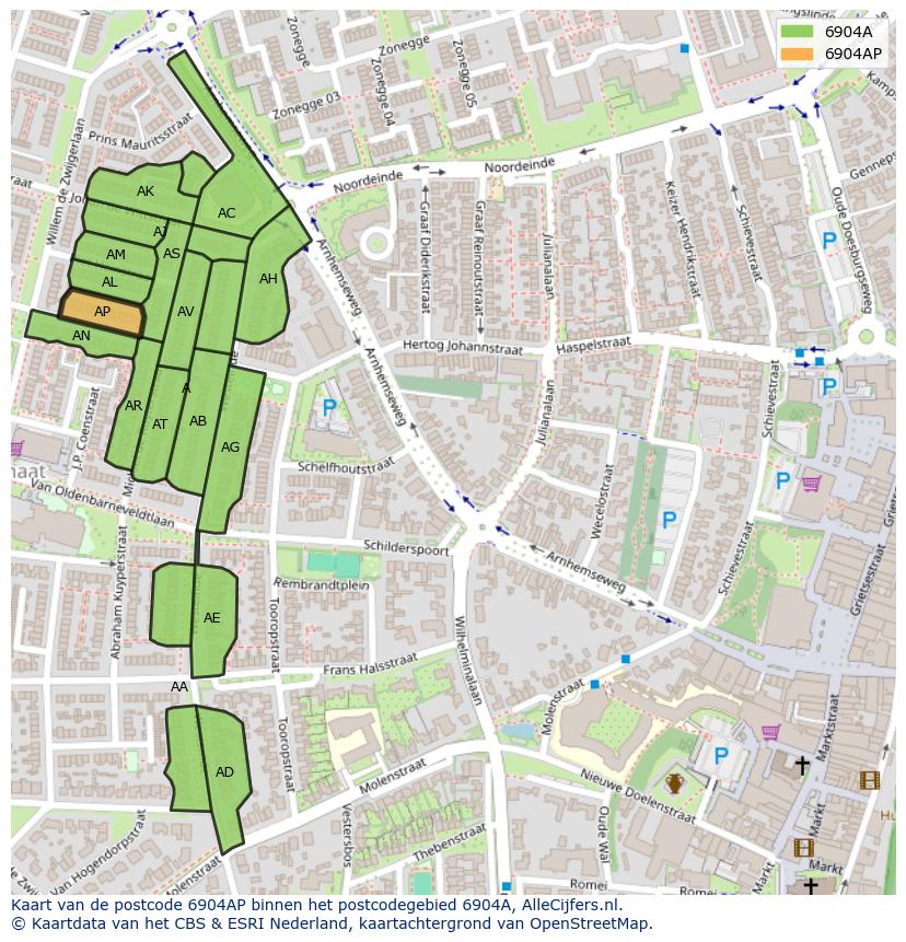 Afbeelding van het postcodegebied 6904 AP op de kaart.