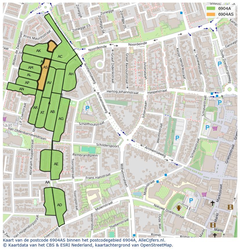 Afbeelding van het postcodegebied 6904 AS op de kaart.