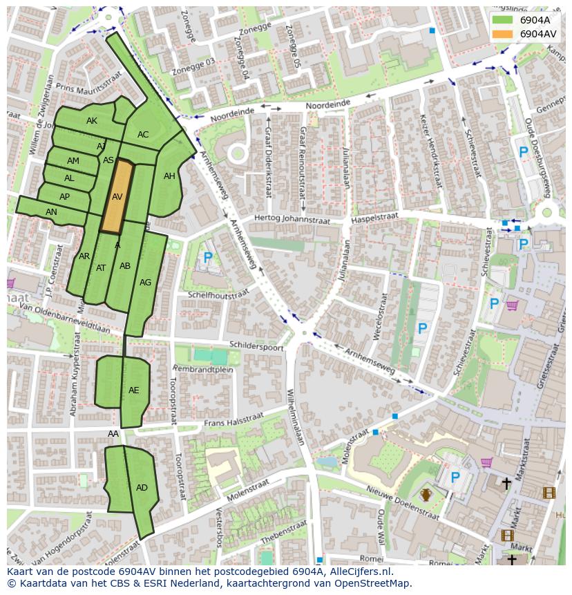 Afbeelding van het postcodegebied 6904 AV op de kaart.