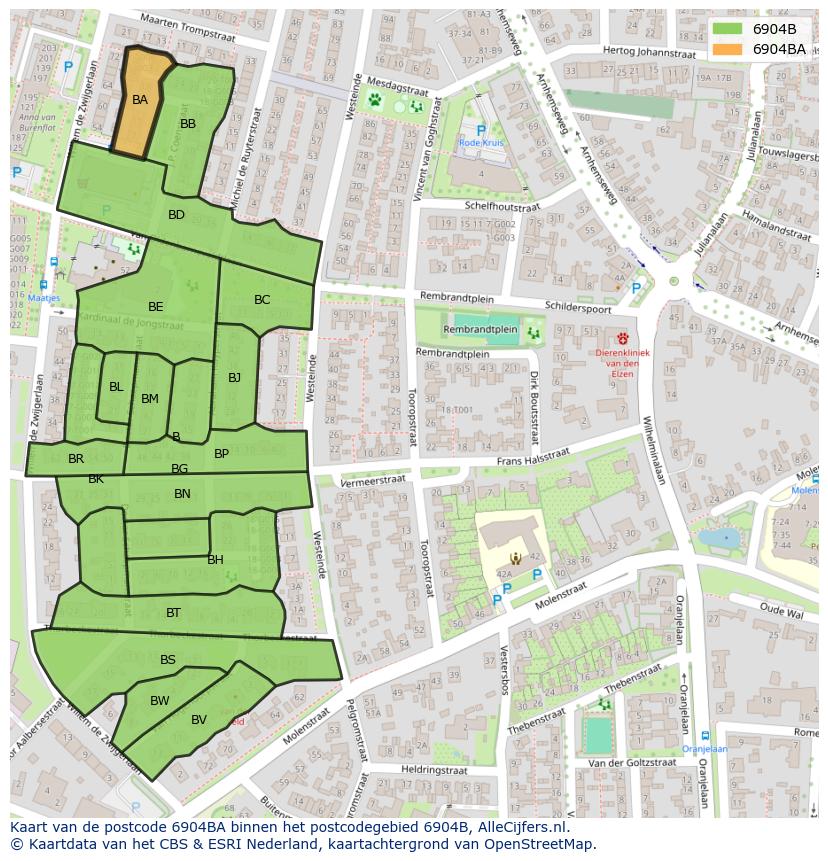 Afbeelding van het postcodegebied 6904 BA op de kaart.