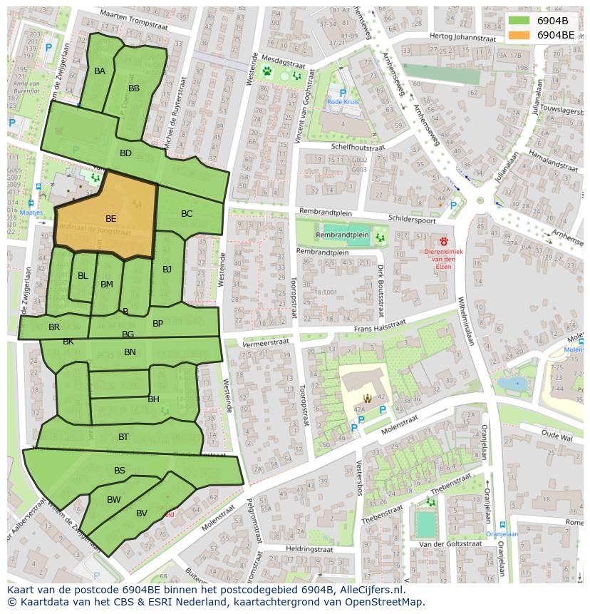Afbeelding van het postcodegebied 6904 BE op de kaart.