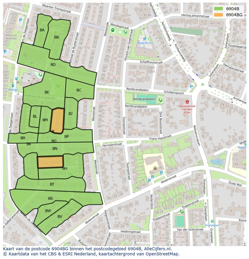 Afbeelding van het postcodegebied 6904 BG op de kaart.