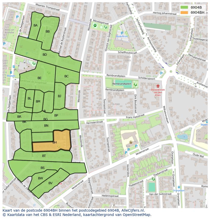 Afbeelding van het postcodegebied 6904 BH op de kaart.