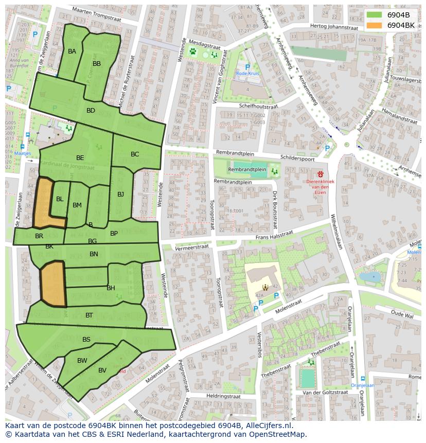 Afbeelding van het postcodegebied 6904 BK op de kaart.
