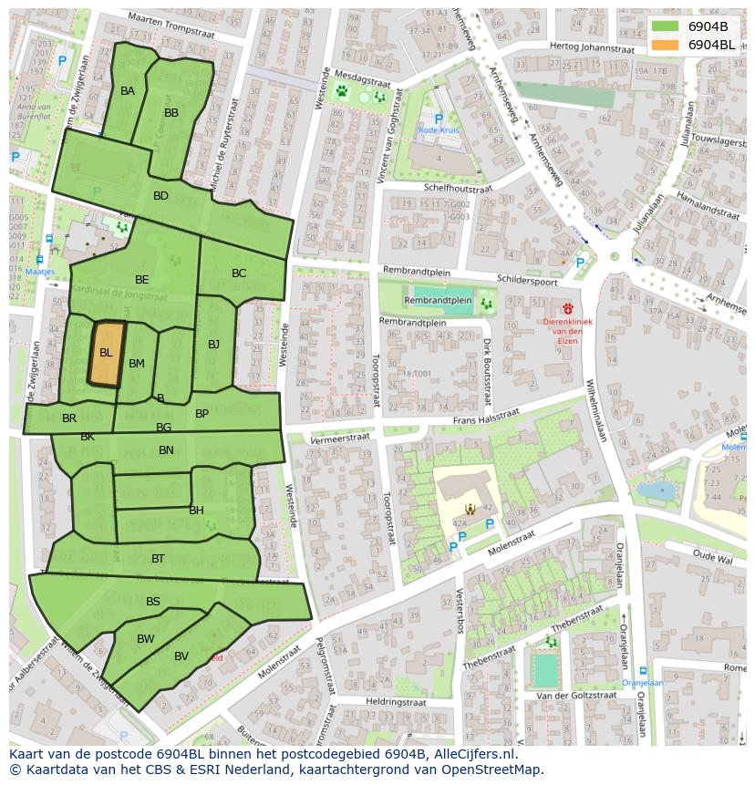 Afbeelding van het postcodegebied 6904 BL op de kaart.