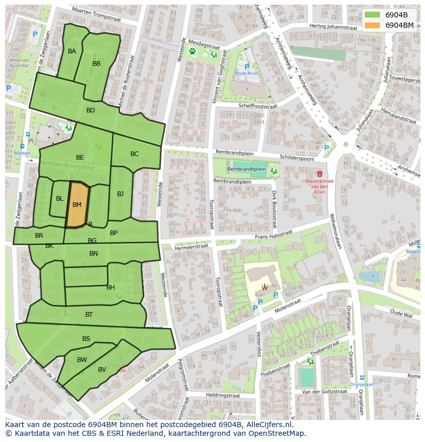 Afbeelding van het postcodegebied 6904 BM op de kaart.