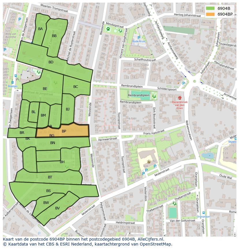 Afbeelding van het postcodegebied 6904 BP op de kaart.