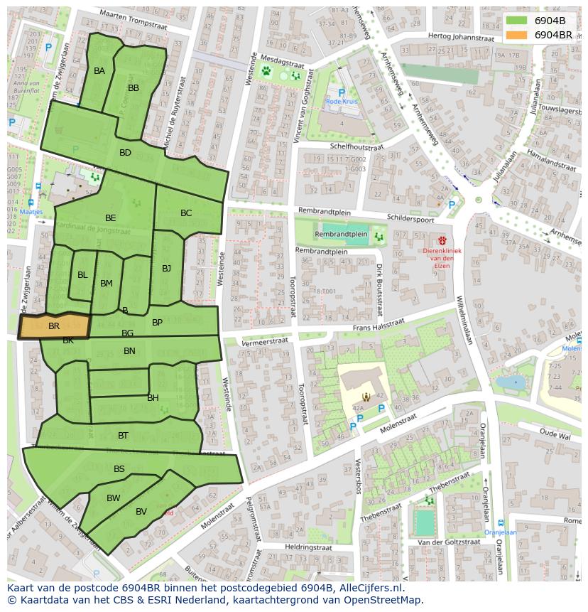 Afbeelding van het postcodegebied 6904 BR op de kaart.