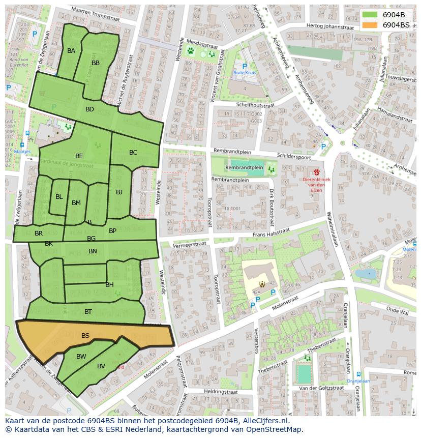 Afbeelding van het postcodegebied 6904 BS op de kaart.