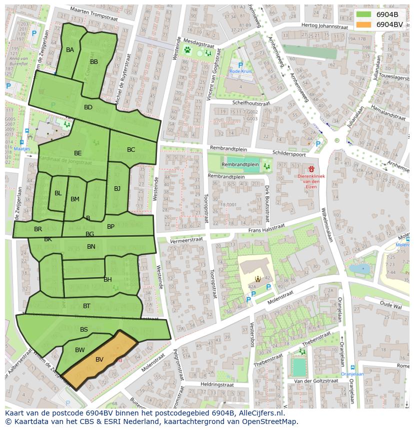 Afbeelding van het postcodegebied 6904 BV op de kaart.