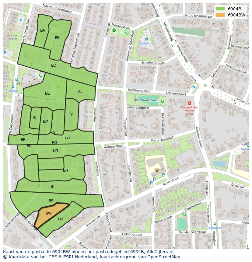 Afbeelding van het postcodegebied 6904 BW op de kaart.