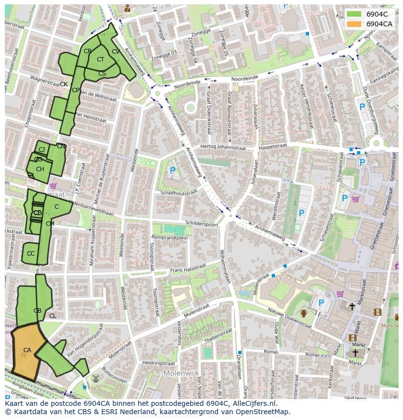 Afbeelding van het postcodegebied 6904 CA op de kaart.