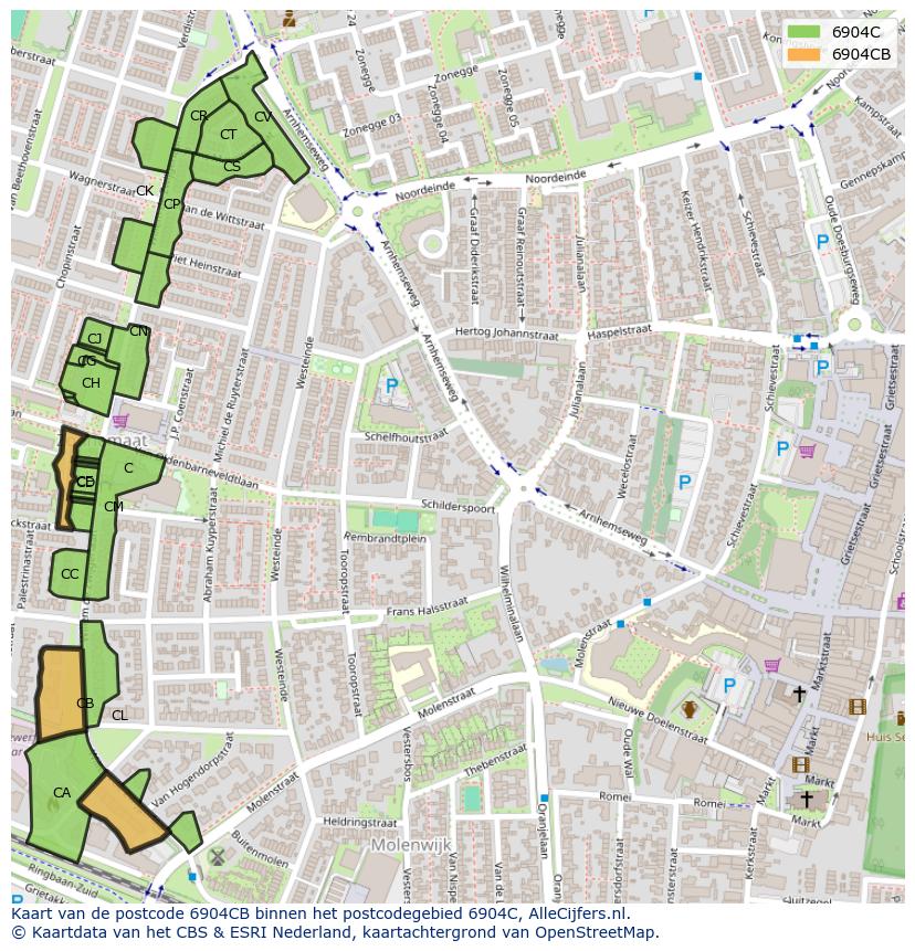 Afbeelding van het postcodegebied 6904 CB op de kaart.