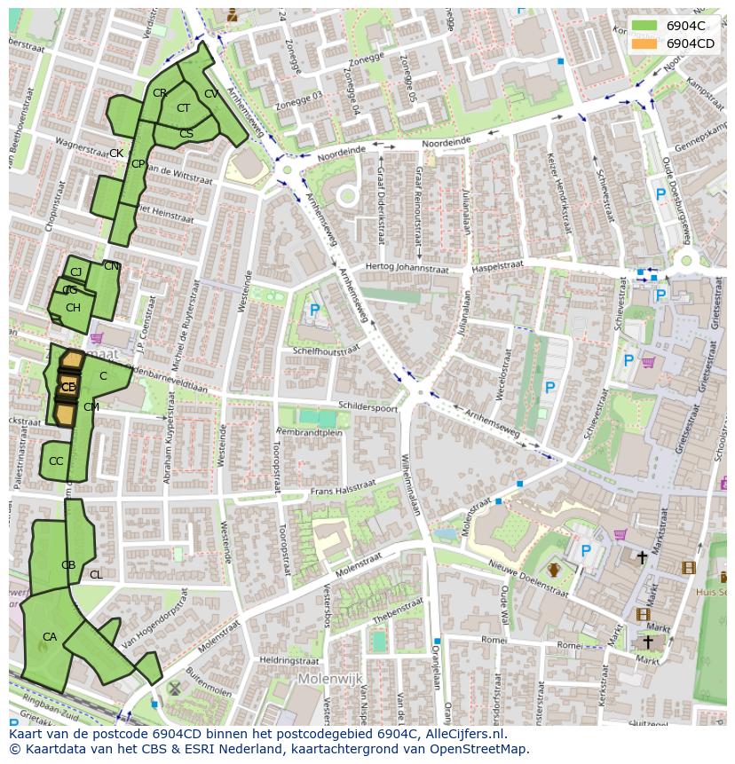 Afbeelding van het postcodegebied 6904 CD op de kaart.