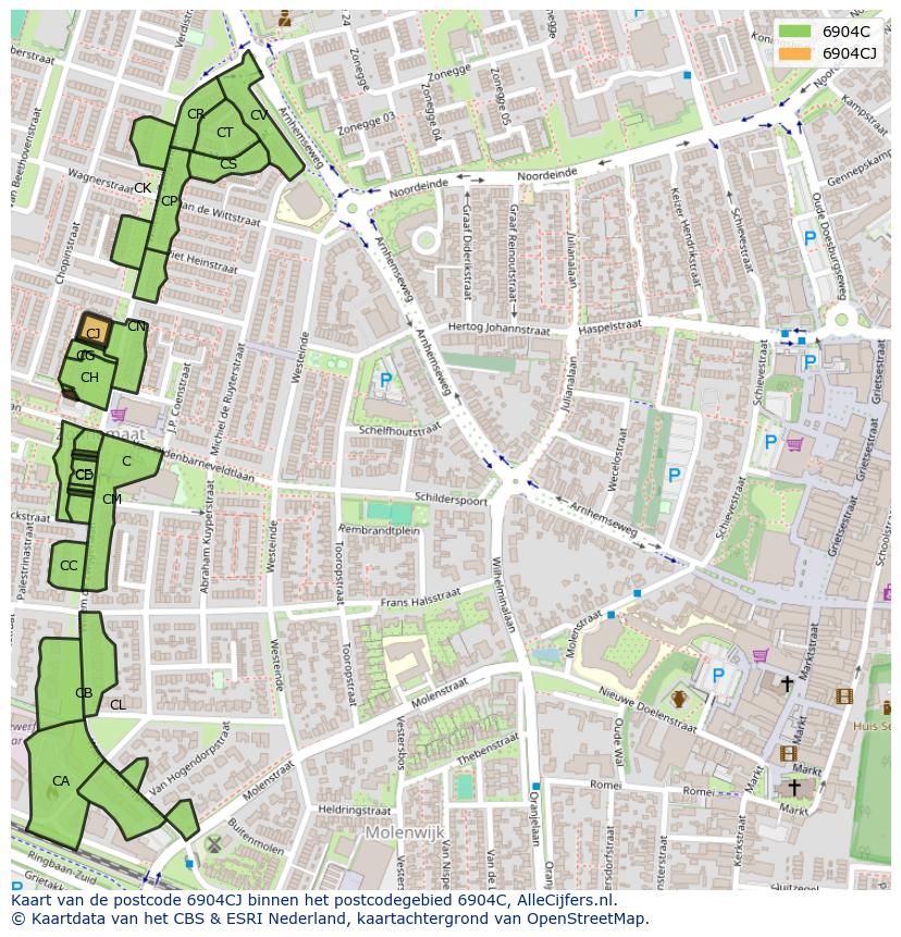 Afbeelding van het postcodegebied 6904 CJ op de kaart.