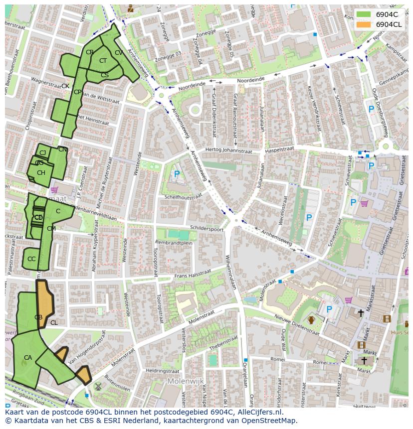 Afbeelding van het postcodegebied 6904 CL op de kaart.