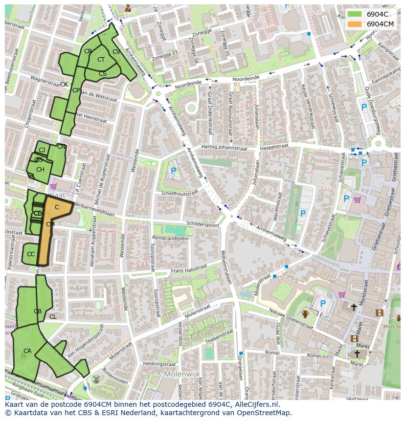 Afbeelding van het postcodegebied 6904 CM op de kaart.