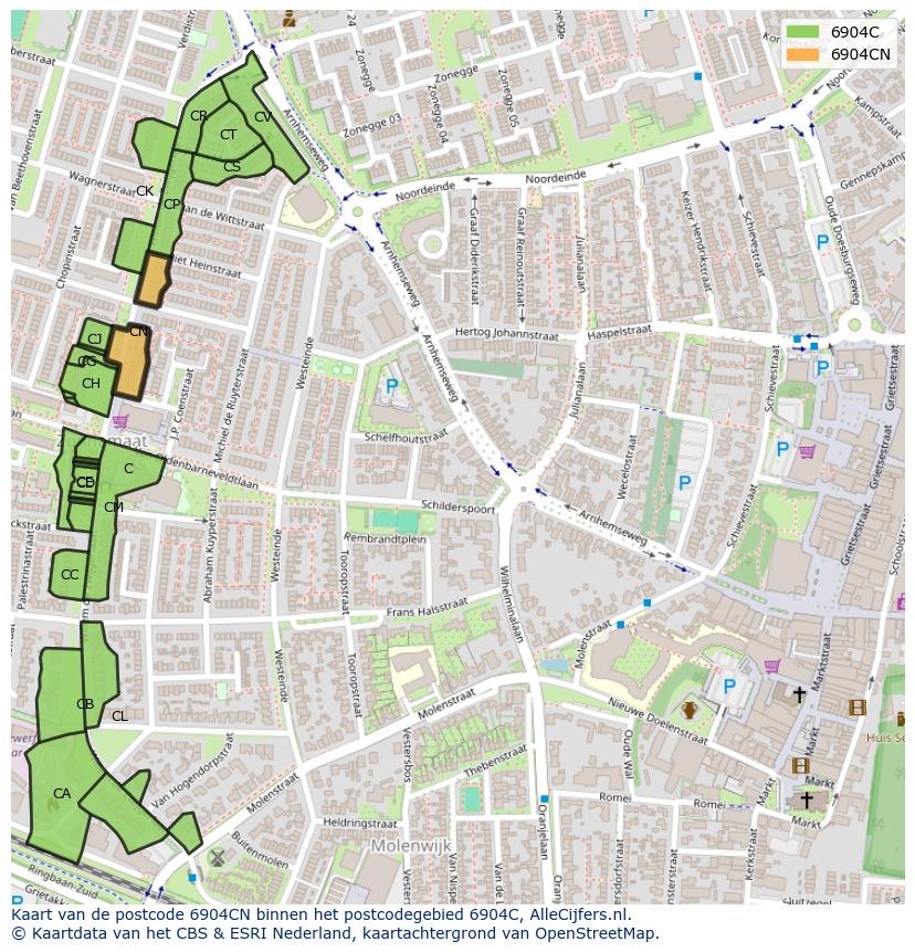 Afbeelding van het postcodegebied 6904 CN op de kaart.