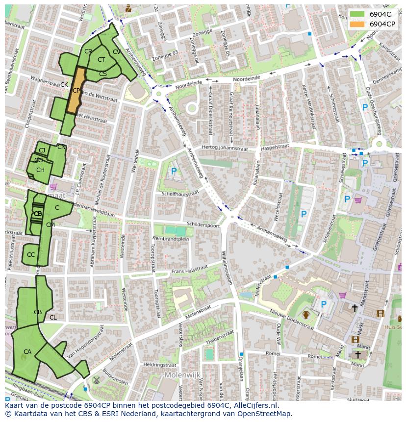 Afbeelding van het postcodegebied 6904 CP op de kaart.